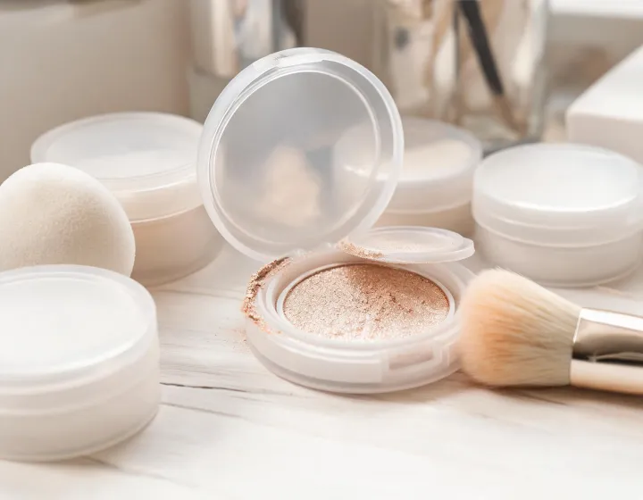 loose powder highlighter on a cosmetics bench, illustration only