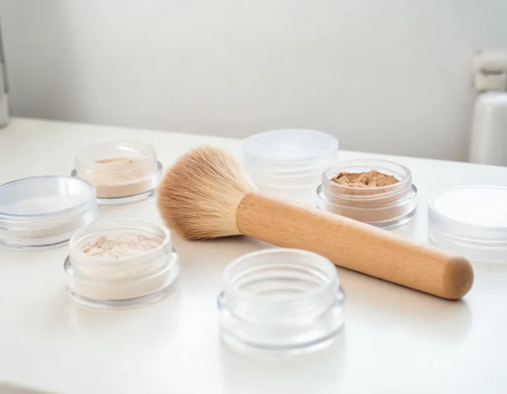makeup brush for loose powder on a cosmetics bench, illustration only