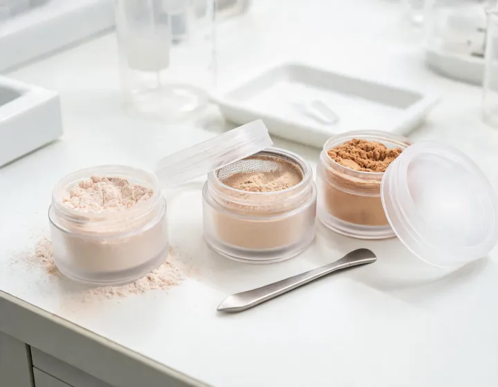 essence loose powder on a cosmetics bench, illustration only
